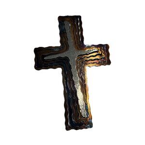 Spiral Cross Artist Broussard Signed Modern Flame Painted Metal Christian Decor